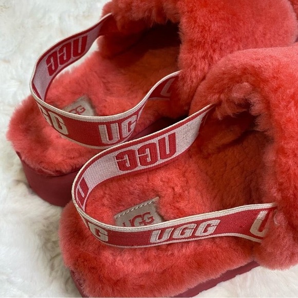 UGG Disco Slides Sandals Pink Cloud Sheepskin Fluff Fur‎ Slingback Strap Logo 7 - Picture 9 of 15